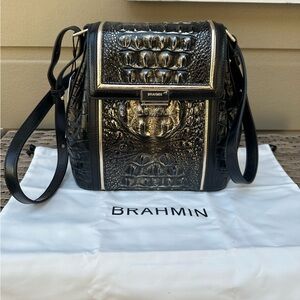 Brahmin Black and Gold Crossbody Bag with Intricate Metalwork